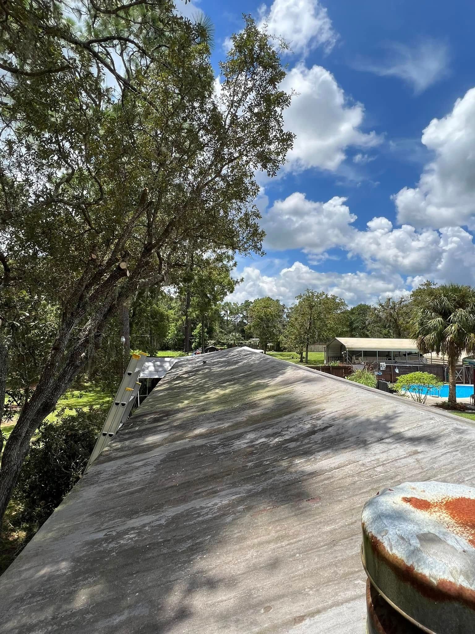 View from a roof, featuring a rusty container, trees, blue sky with clouds, and a pool area.