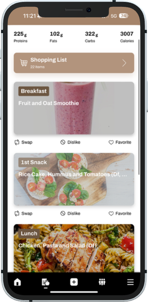 A cell phone with a meal plan on it.
