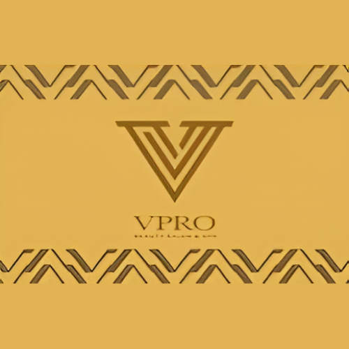A yellow background with a v pro logo on it