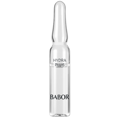 A bottle of babor hydra plus ampoules on a white background.