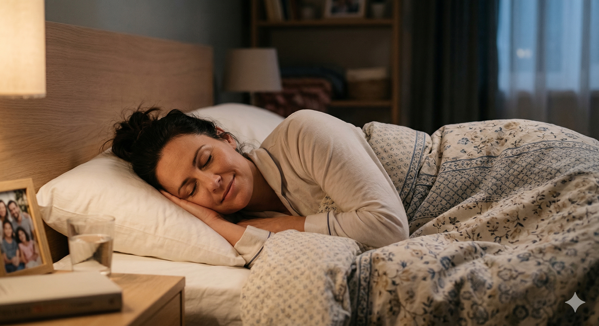 A person sleeping peacefully in a dimly lit bedroom, resting on a white pillow under a patterned blanket.