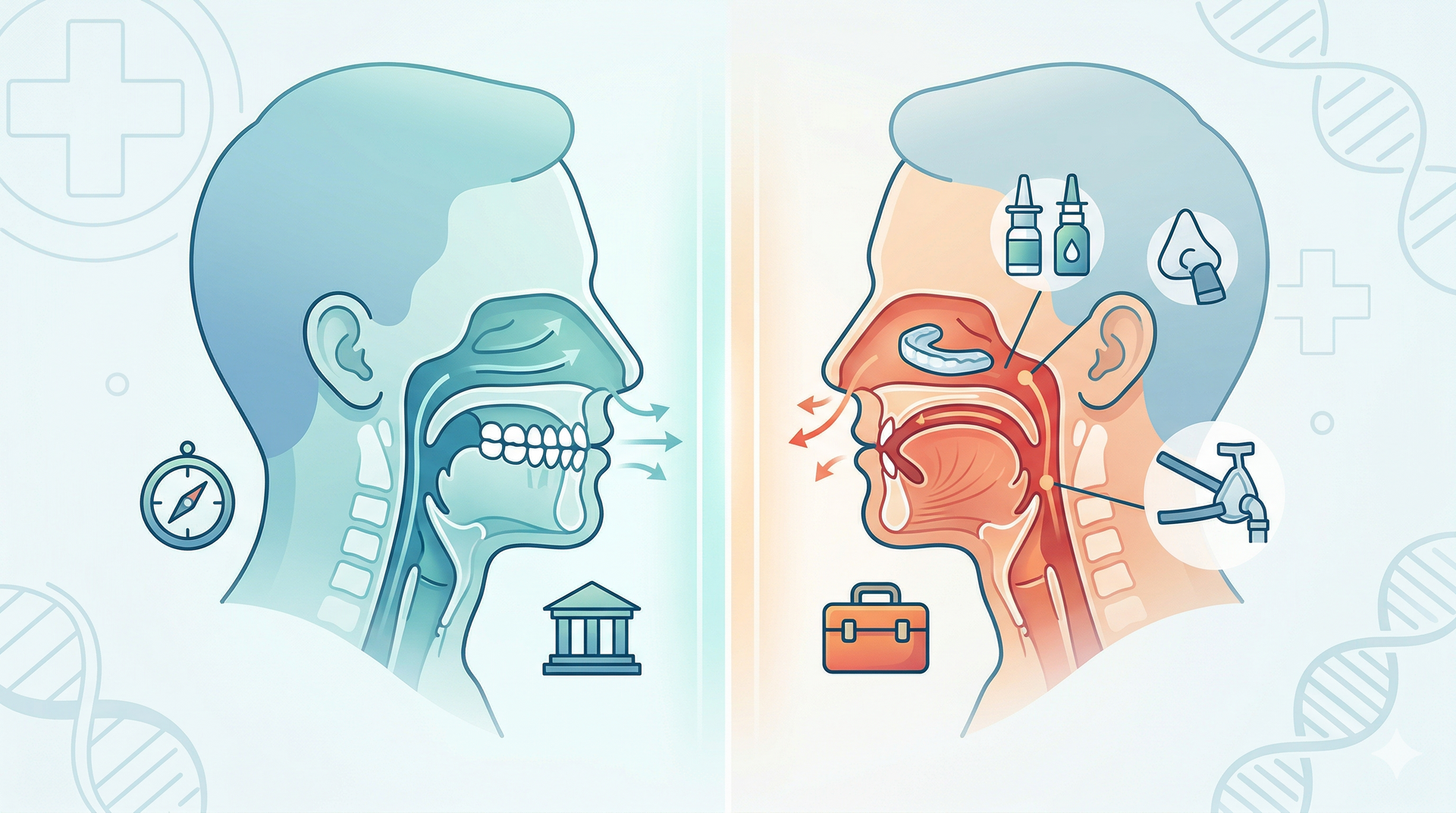 Split view showing healthy nasal breathing (left) and nasal congestion requiring medical aids and tools (right).