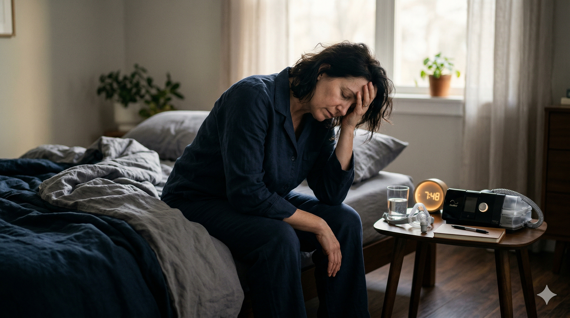 A person sitting on a bed in a darkened room, holding their head with a somber expression near a CPAP machine.