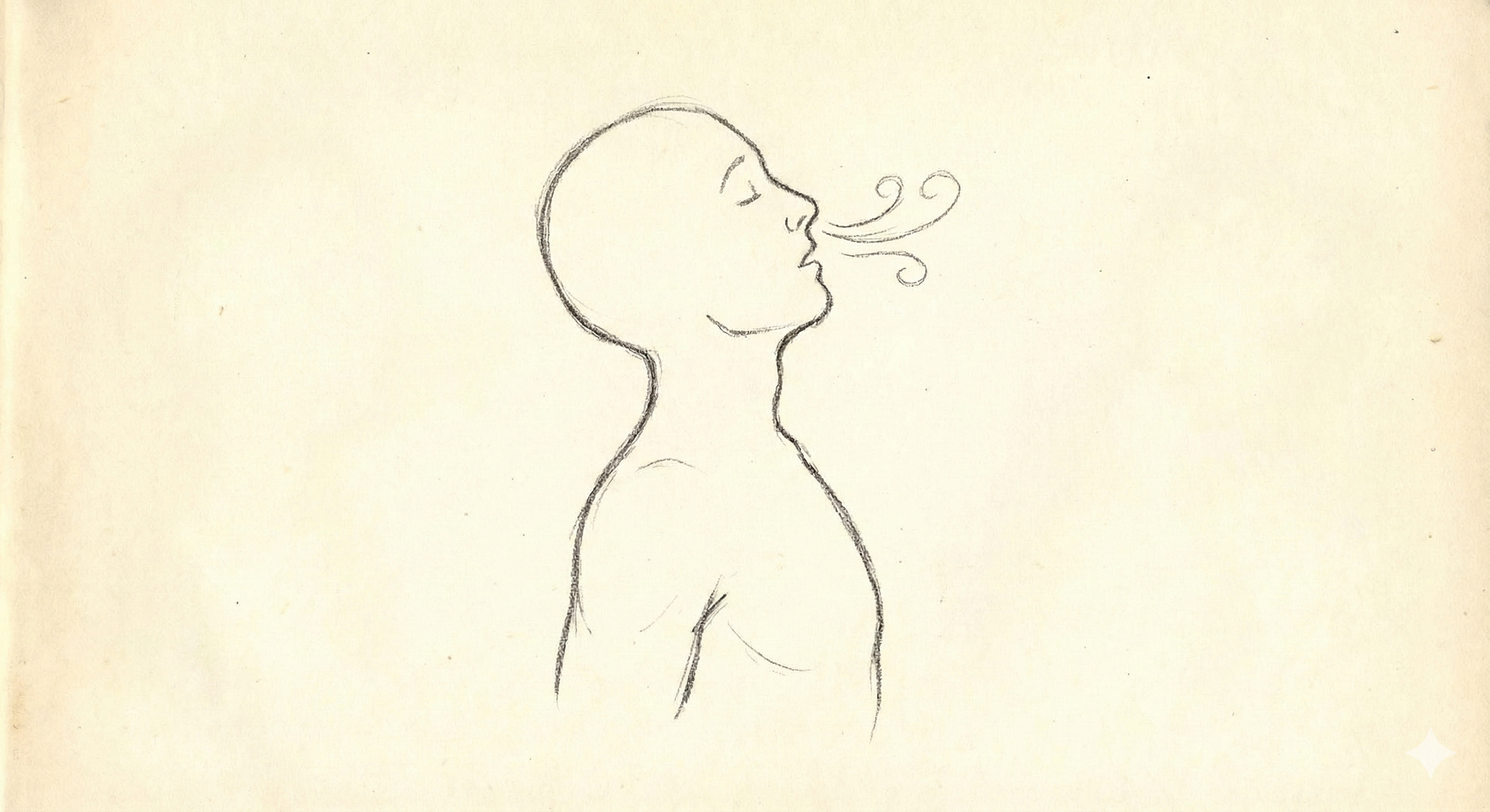 A sketch of a person exhaling, with a cloud of air coming from their mouth.