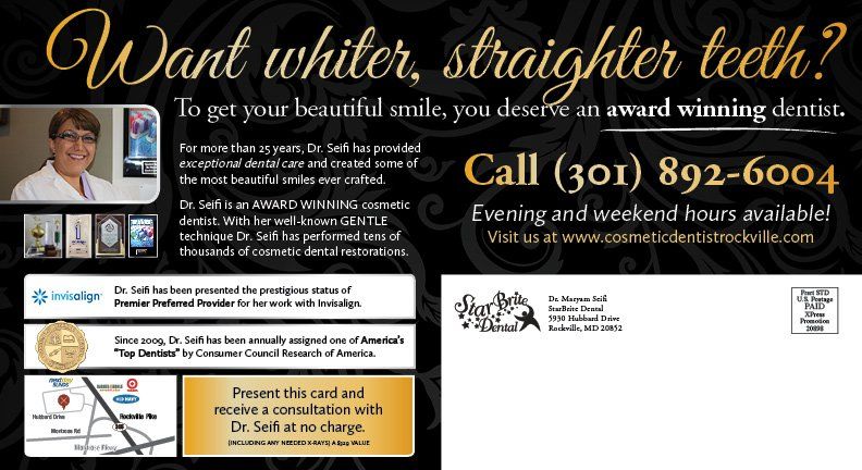 Back Side of StarBrite Dental Black and Silver Cosmetic Card