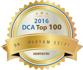 A gold badge that says 2016 dca top 100 dr. maryam seifi dentistry