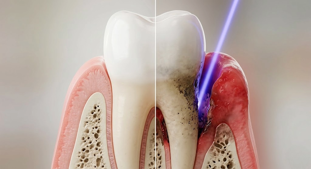 Dental diagram showing a tooth with a blue laser treating inflamed red gums and tooth roots