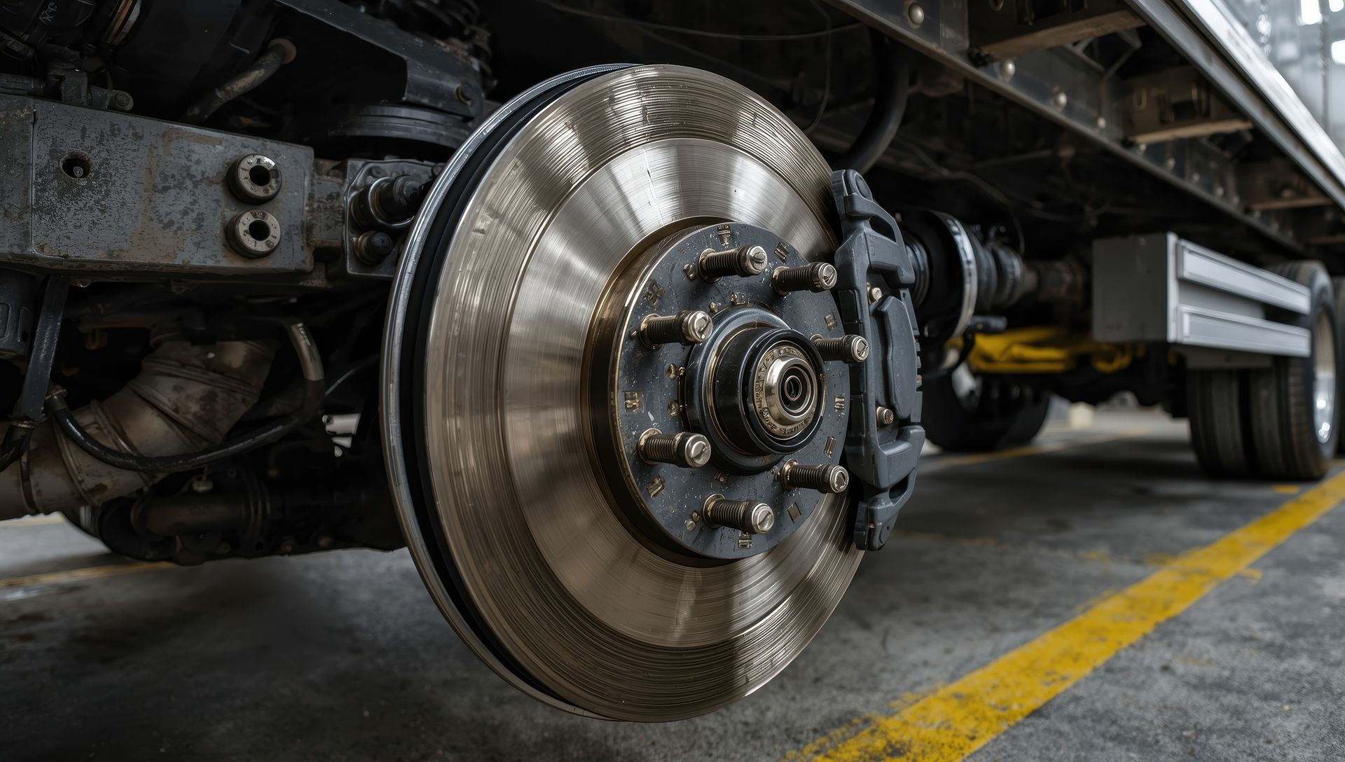 Truck disc brake with caliper, close-up shot in a garage, featuring silver and black metal.