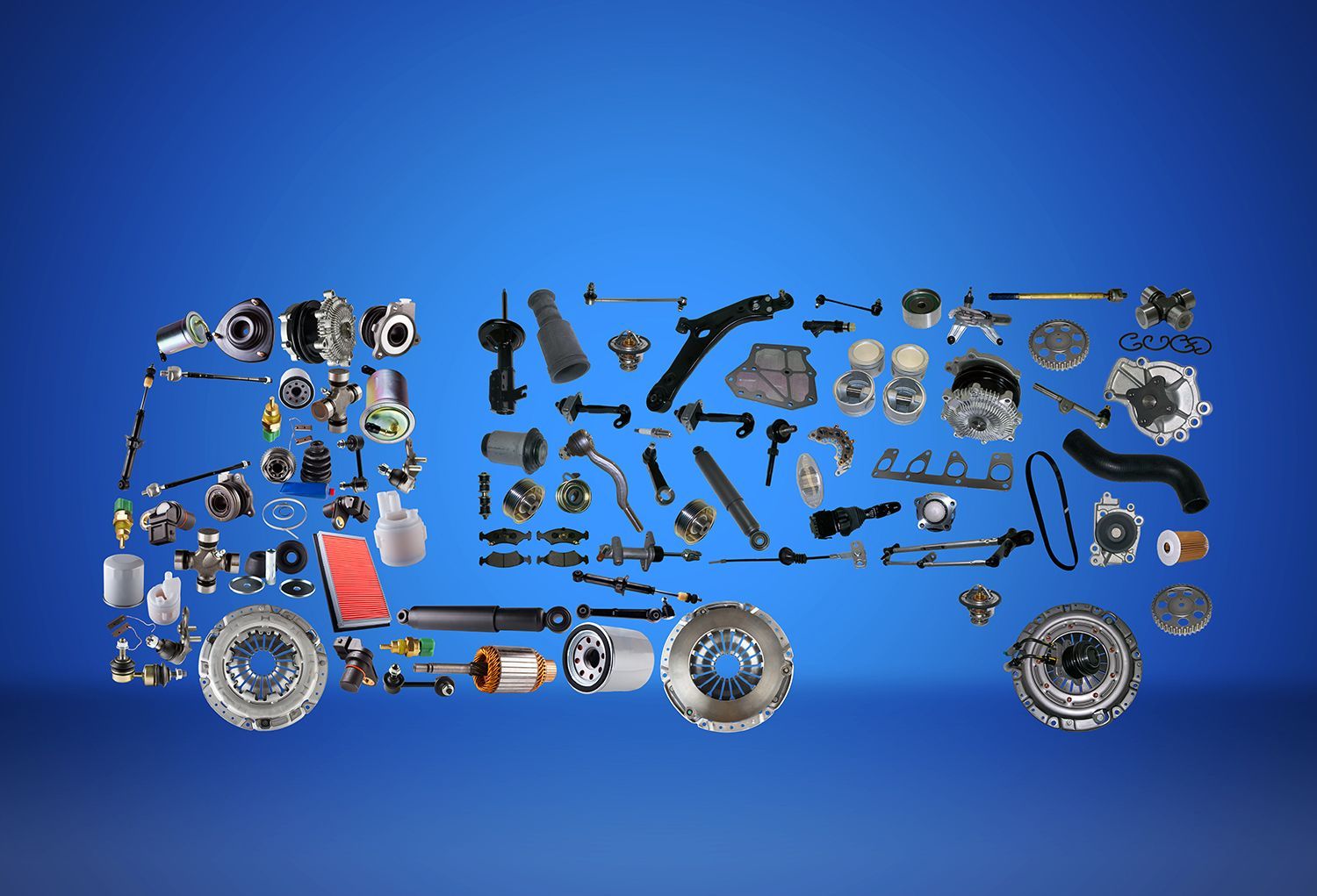 Image of a truck assembled from new heavy-duty trailer parts on a blue background.