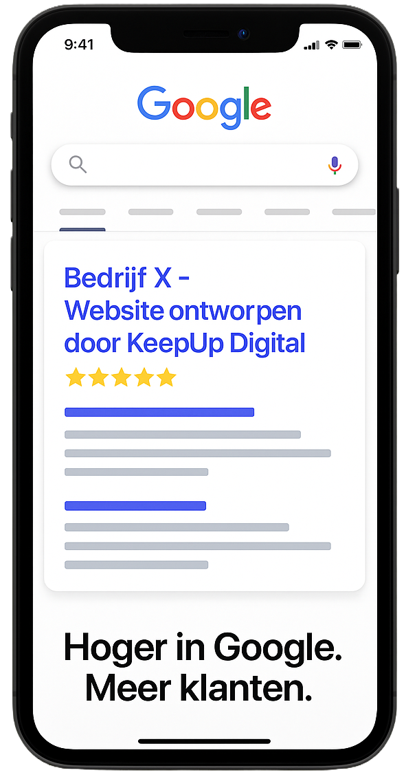 Smartphone met Google zoekresultaten van KeepUp Digital – SEO optimalisatie en online zichtbaarheid voor bedrijven