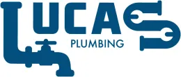 Blue logo for Lucas Plumbing with pipe and wrench designs. The word 
