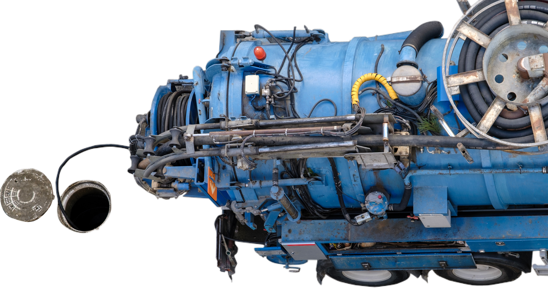 Blue industrial machine with black hose and attached cylindrical pieces.