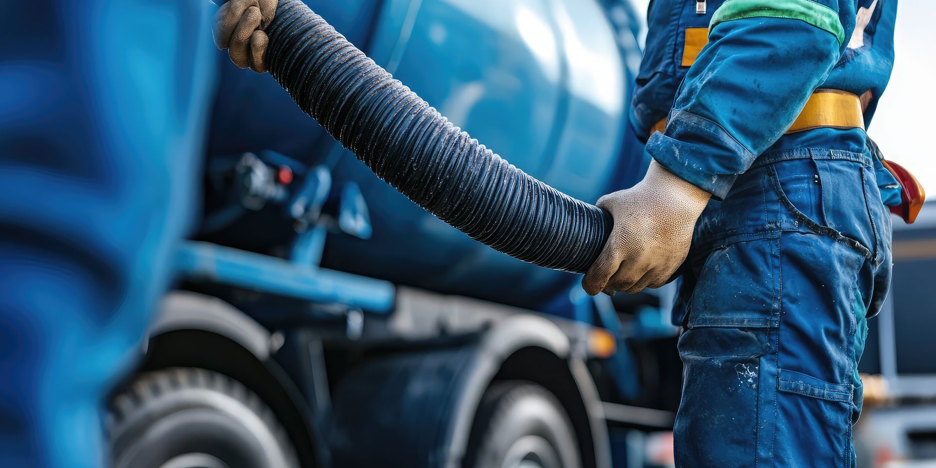 Septic service worker holding a vacuum hose beside a tanker truck during waste removal.