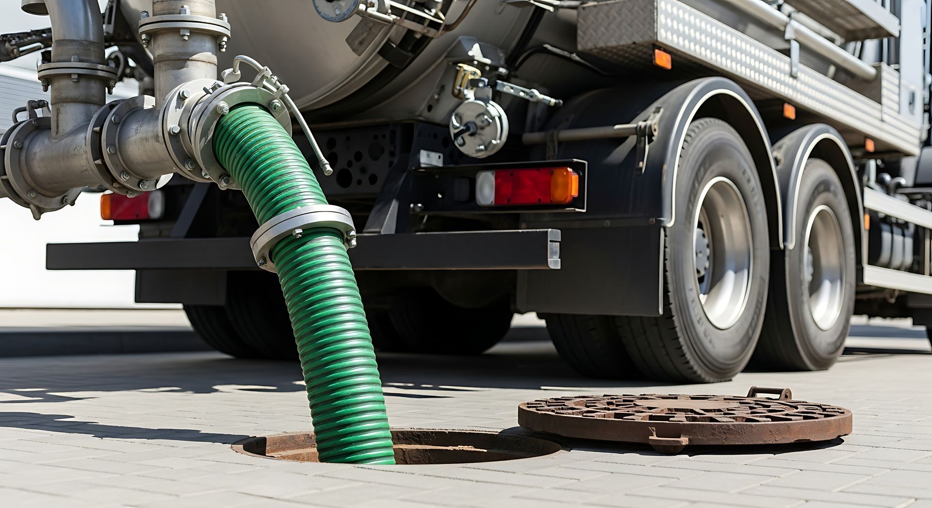Wastewater pump repair service truck removing sewage through hose from open manhole on street.