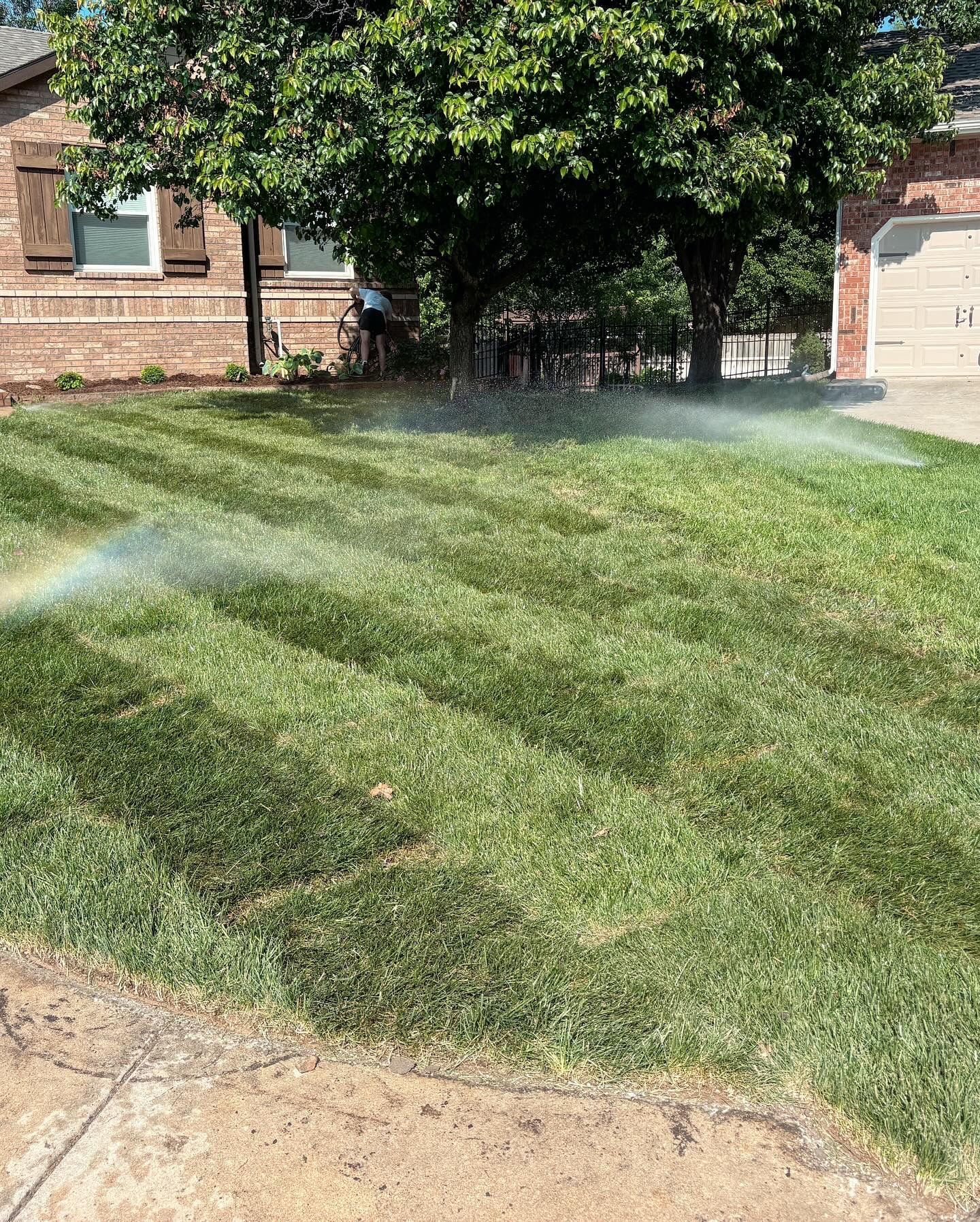 A sprinkler is spraying water on a lush green lawn in front of a house.