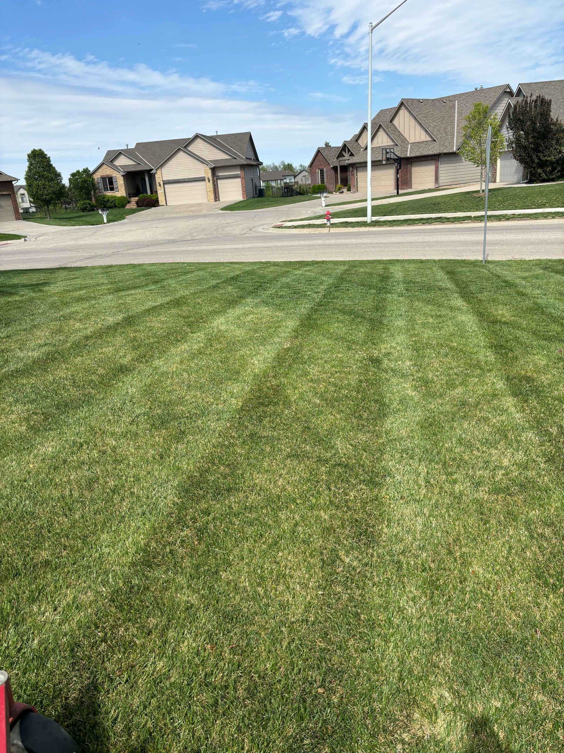 A lawn mower is cutting a lush green lawn in front of a row of houses.