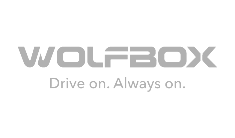 Wolfbox Dash Cam Rear View Mirror logo in Greyscale.