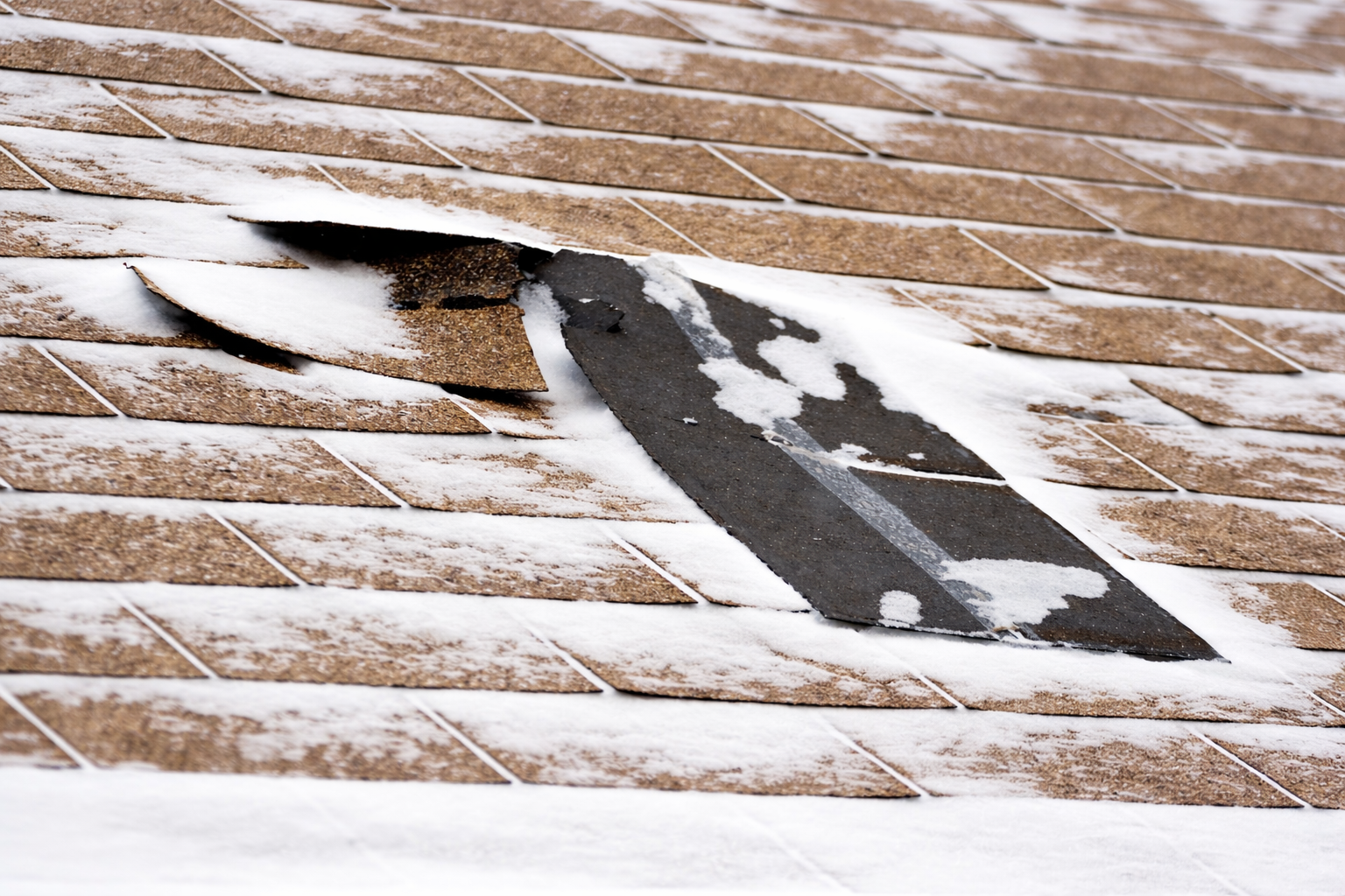 Close-up of damaged roof shingles with snow showing freeze-thaw winter damage in Ogden Utah