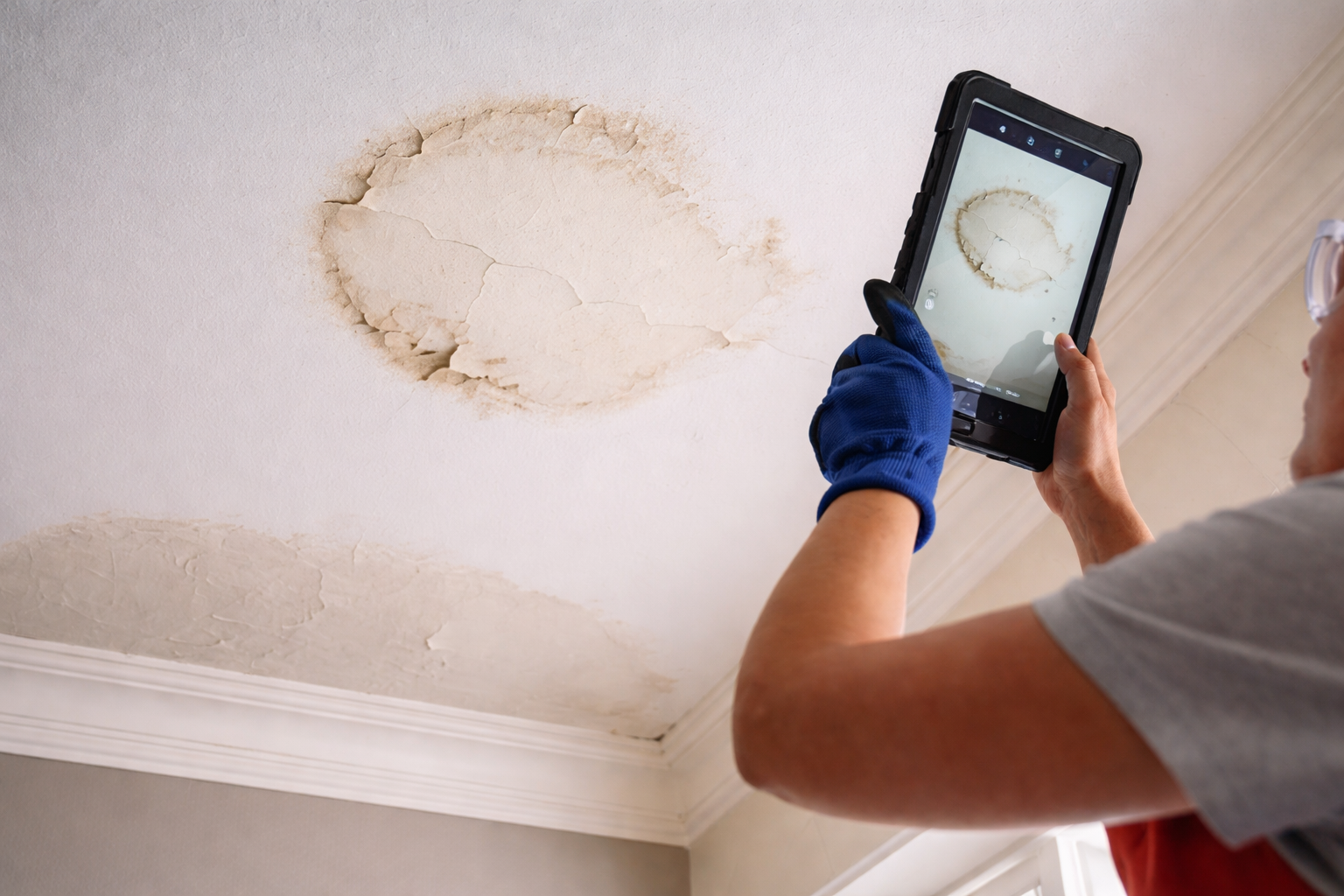 Inspector documenting interior ceiling water damage from roof leak using tablet for insurance claim