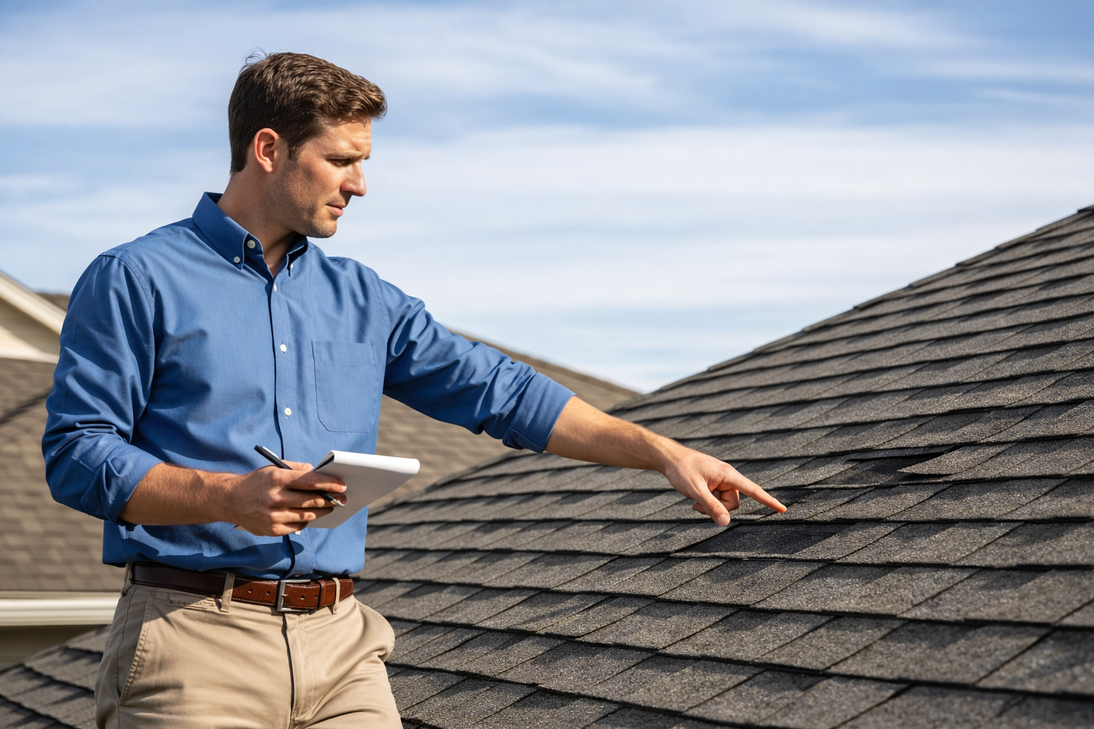 Roofing contractor performing a professional roof inspection in Ogden Utah on a clear day