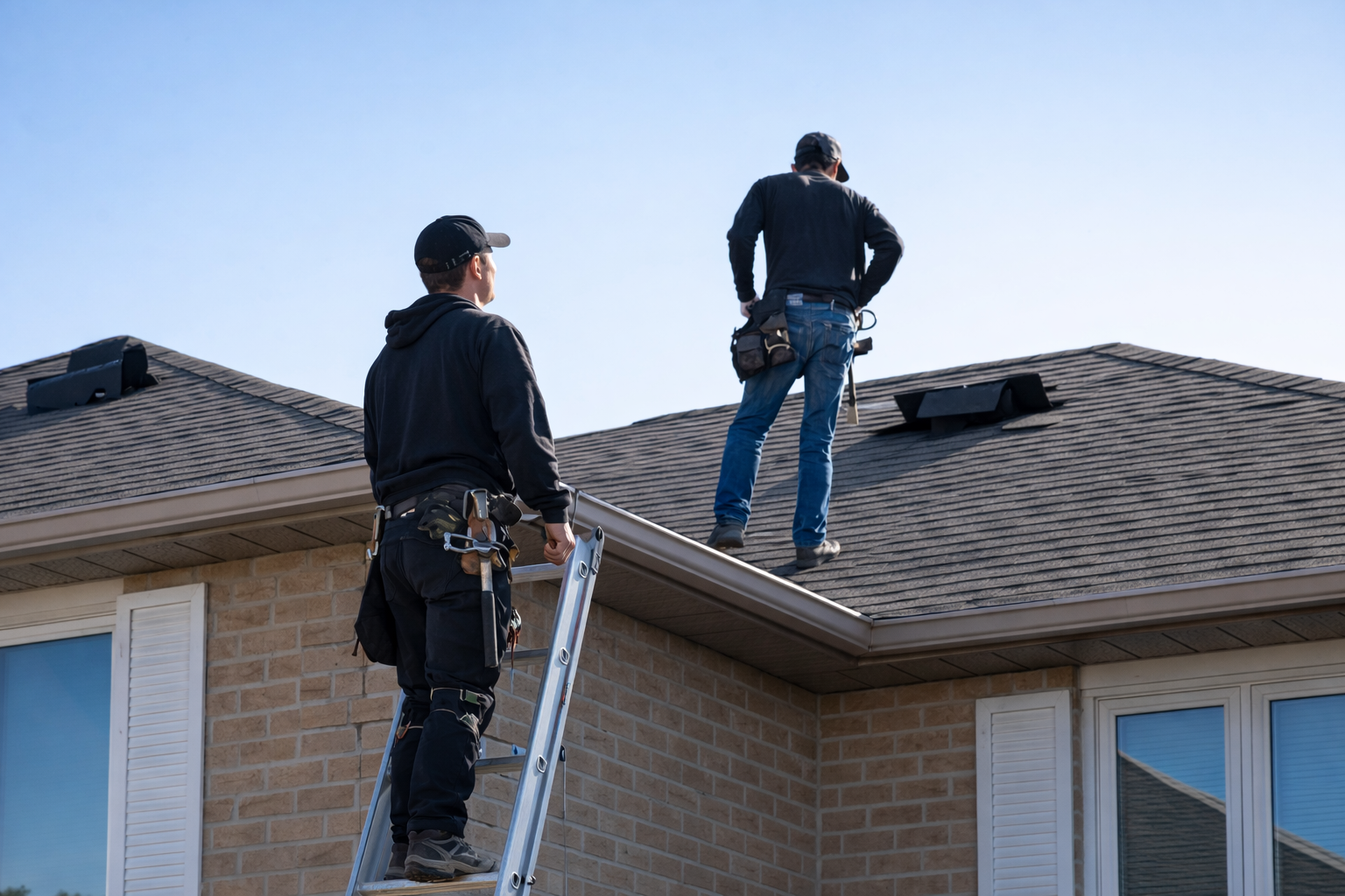 Professional roofing contractors climbing ladder to perform storm damage inspection on residential roof
