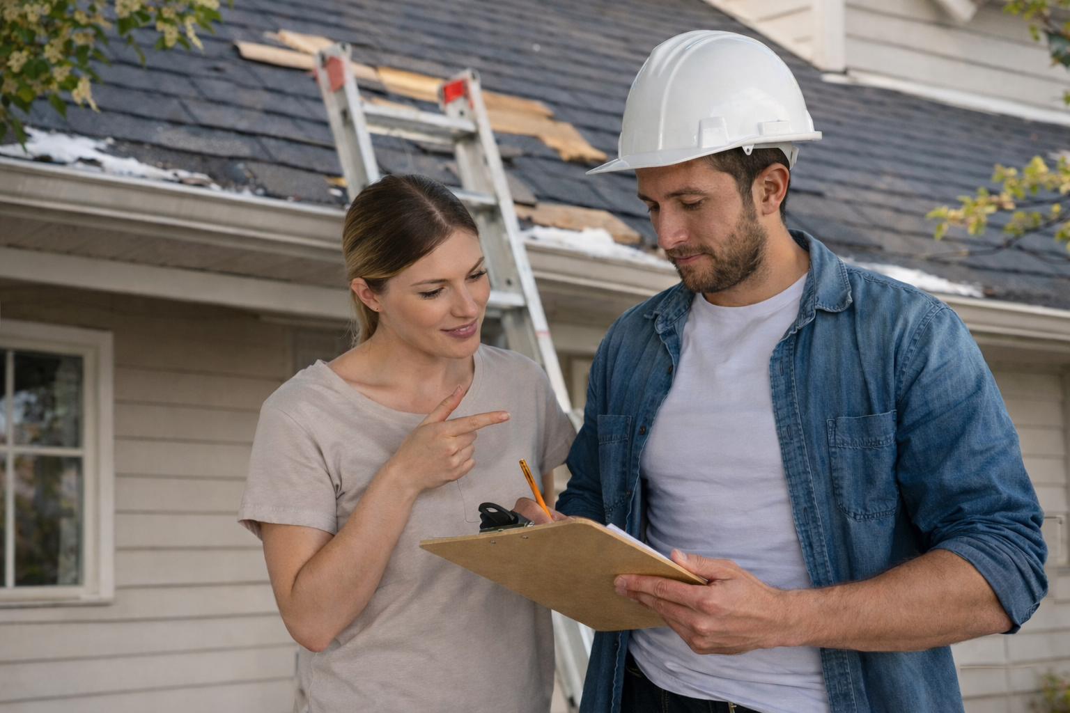 Roofing contractor discussing project details with homeowner outdoors in Ogden Utah