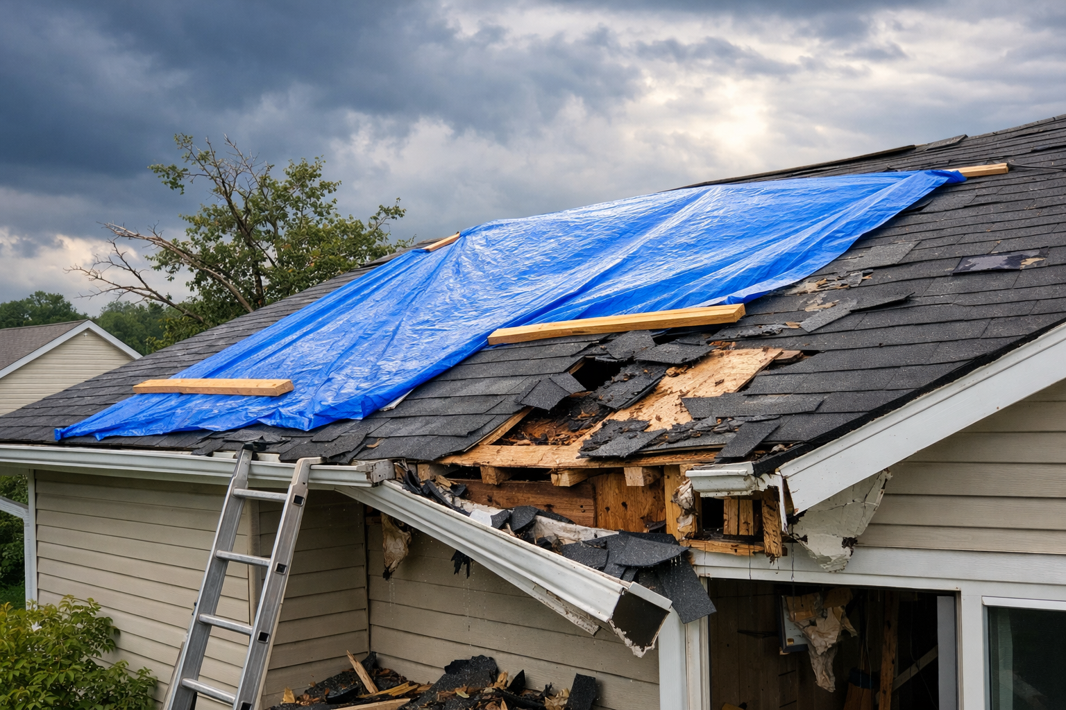 A damaged house roof covered by a blue tarp with a ladder leading up to it. Dark cloudy sky.