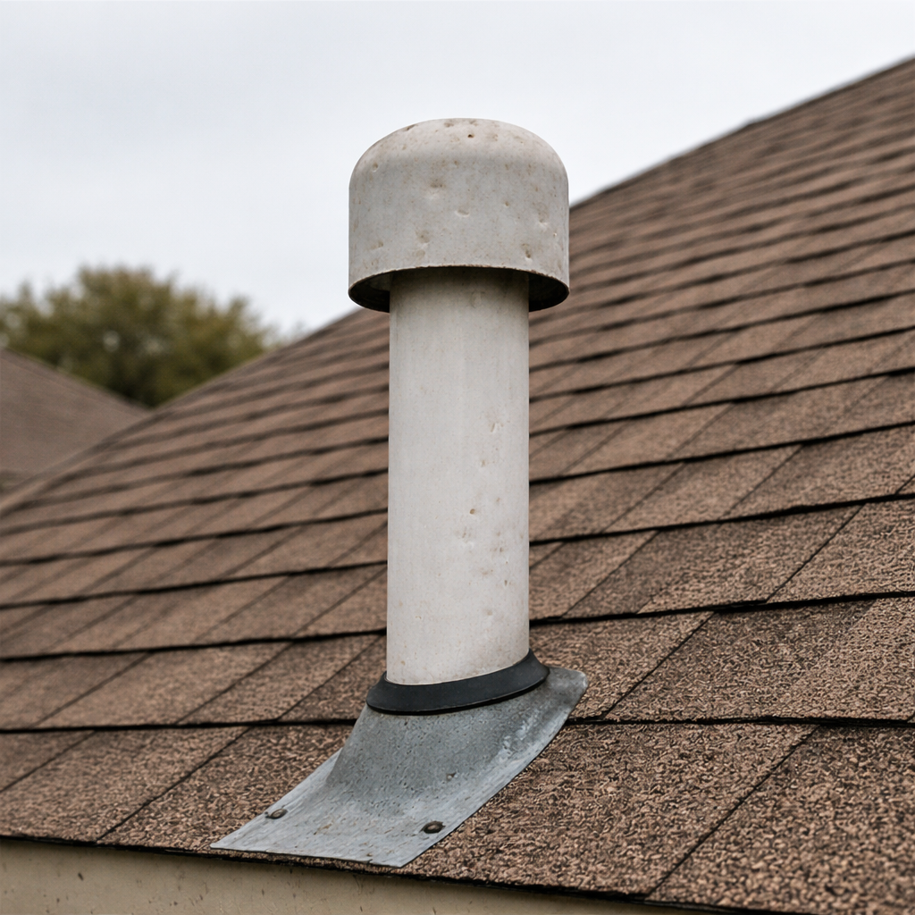 Close-up of roof vent pipe showing hail damage indicators on an Ogden residential roof