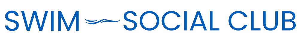 Swim & Social Club in blue text and blue wavy lines