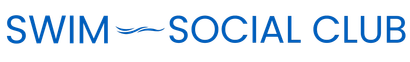 Swim & Social Club in blue text and blue wavy lines