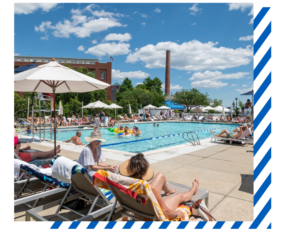 Baltimore Swim and Social Club pool day with blue striped graphic in background