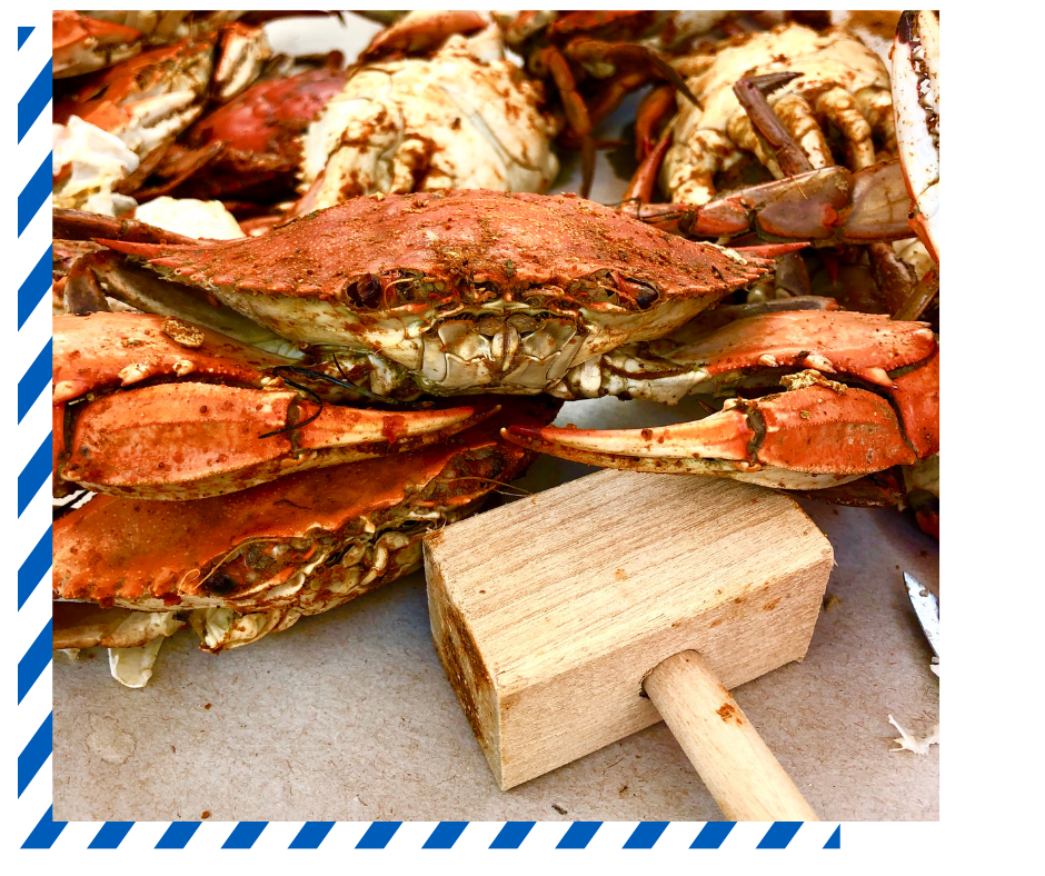 crabs and crab mallet with blue stripped graphic background