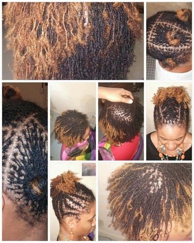 A collage of photos of a woman 's hair with dreadlocks.