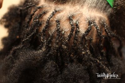 A close up of a person 's hair with dreadlocks.