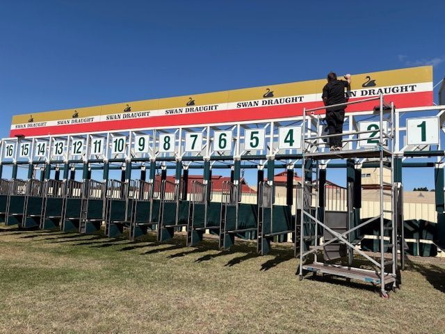 Racehorse starting gate with numbers, a person on scaffolding, blue sky.