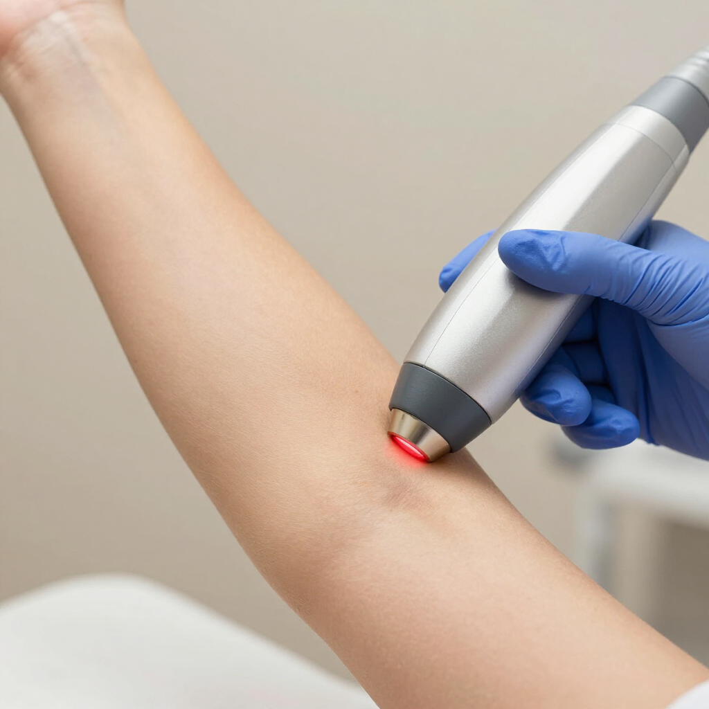 A gloved hand uses a medical laser device on a person's forearm.
