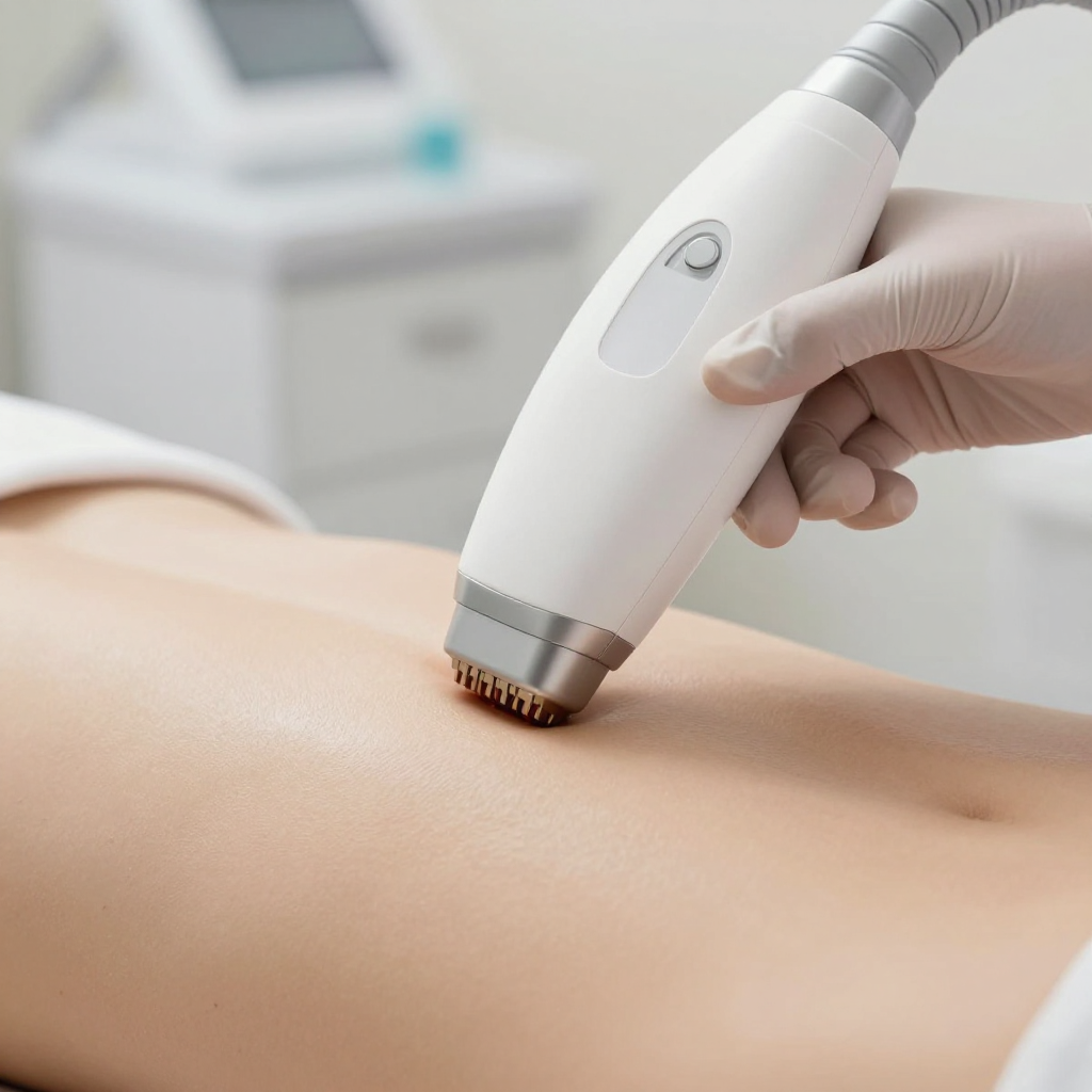 A gloved practitioner uses a radiofrequency skin-tightening device on a patient's abdomen in a clinical setting.