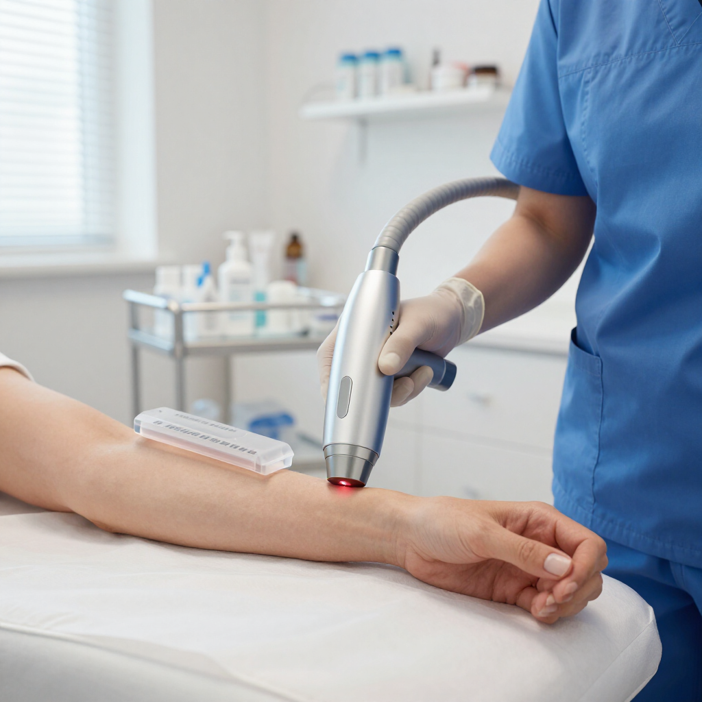 A medical professional using a handheld laser device to perform a skin treatment on a patient’s arm in a clinical setting.