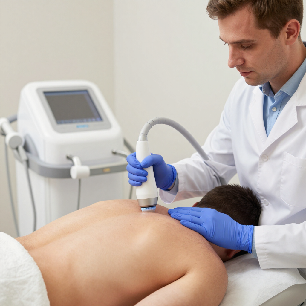 A clinician in a white coat and blue gloves uses a laser therapy device on a patient's upper back in a clinical setting.