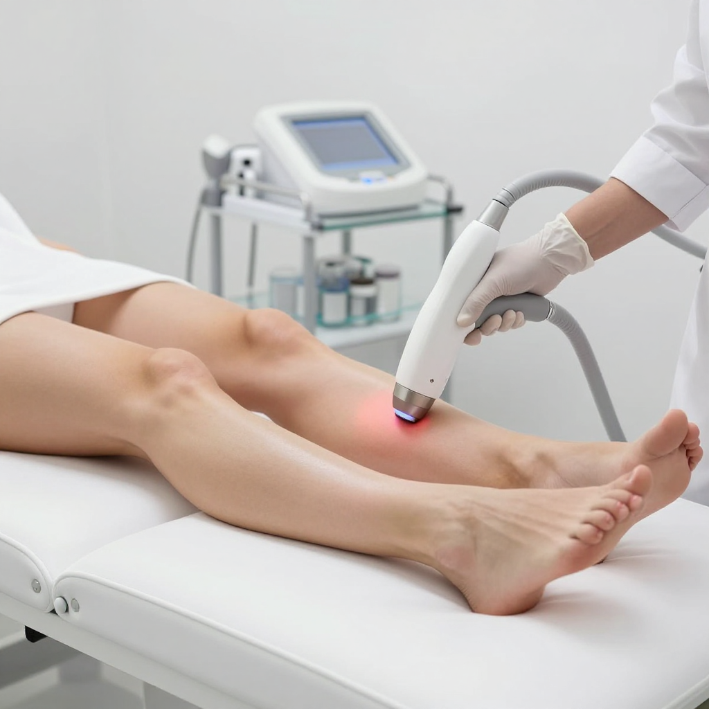 A professional using a laser hair removal device on a client's leg in a sterile clinical setting.