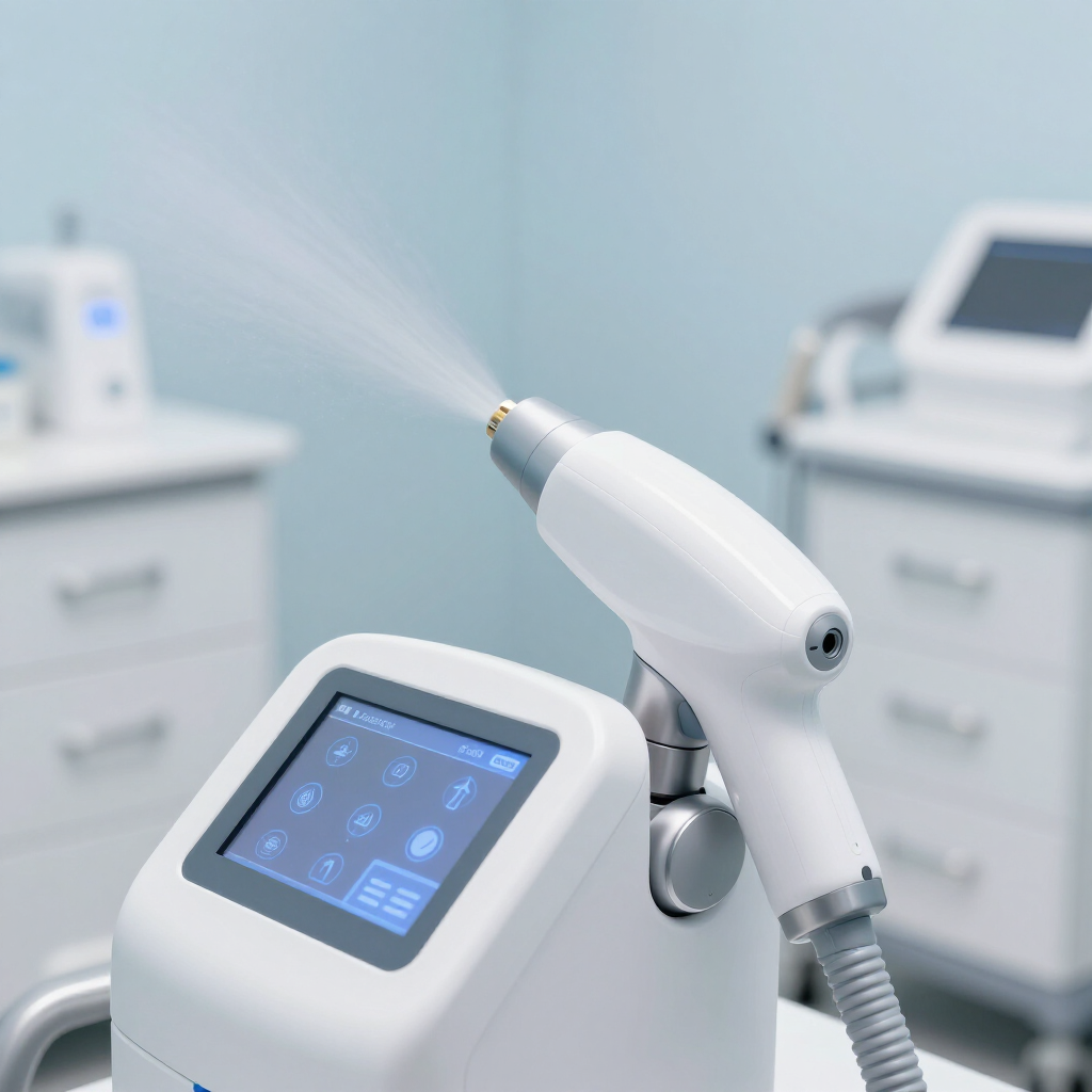 A professional skincare device with a handheld sprayer emitting a mist in a clinical, white-toned treatment room.