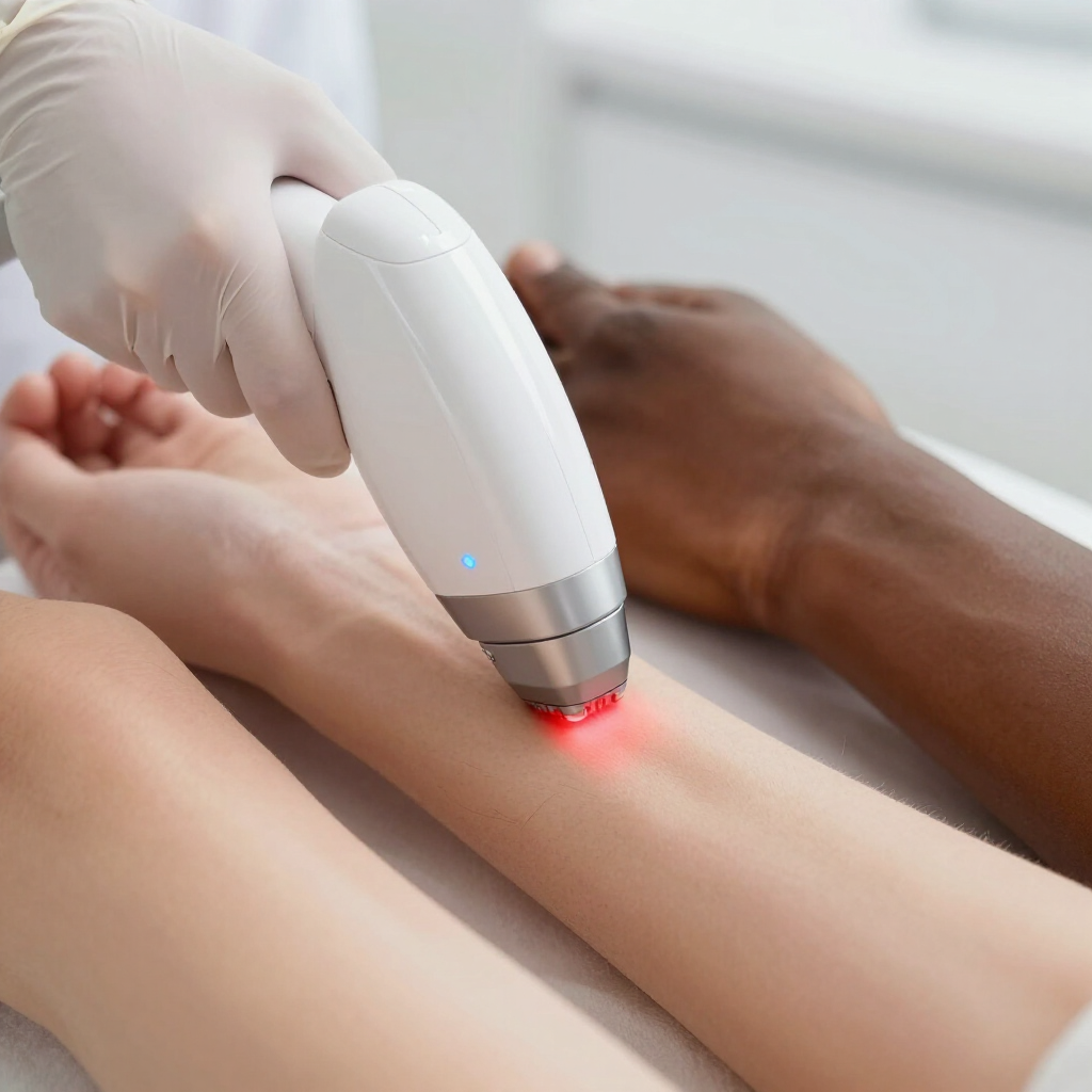A gloved hand uses a handheld laser device to perform hair removal on a person's forearm.
