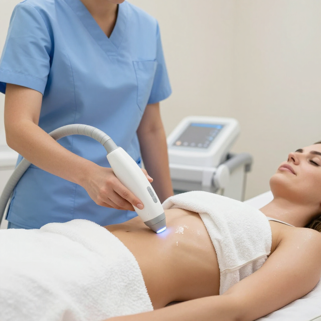 A medical professional in blue scrubs uses a handheld laser device on a patient's abdomen in a treatment room.