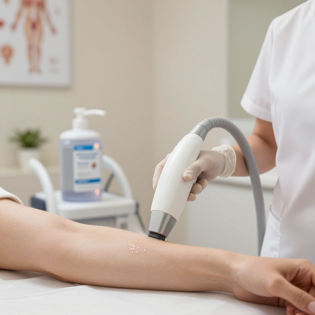 A clinician uses a handheld laser device to perform hair removal on a person's forearm in a medical clinic setting.