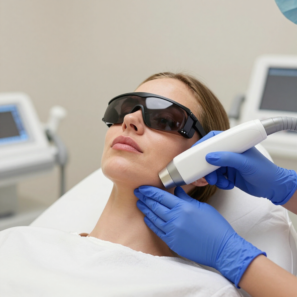 A practitioner in blue gloves uses a laser device on a person’s jawline in a medical aesthetic clinic.