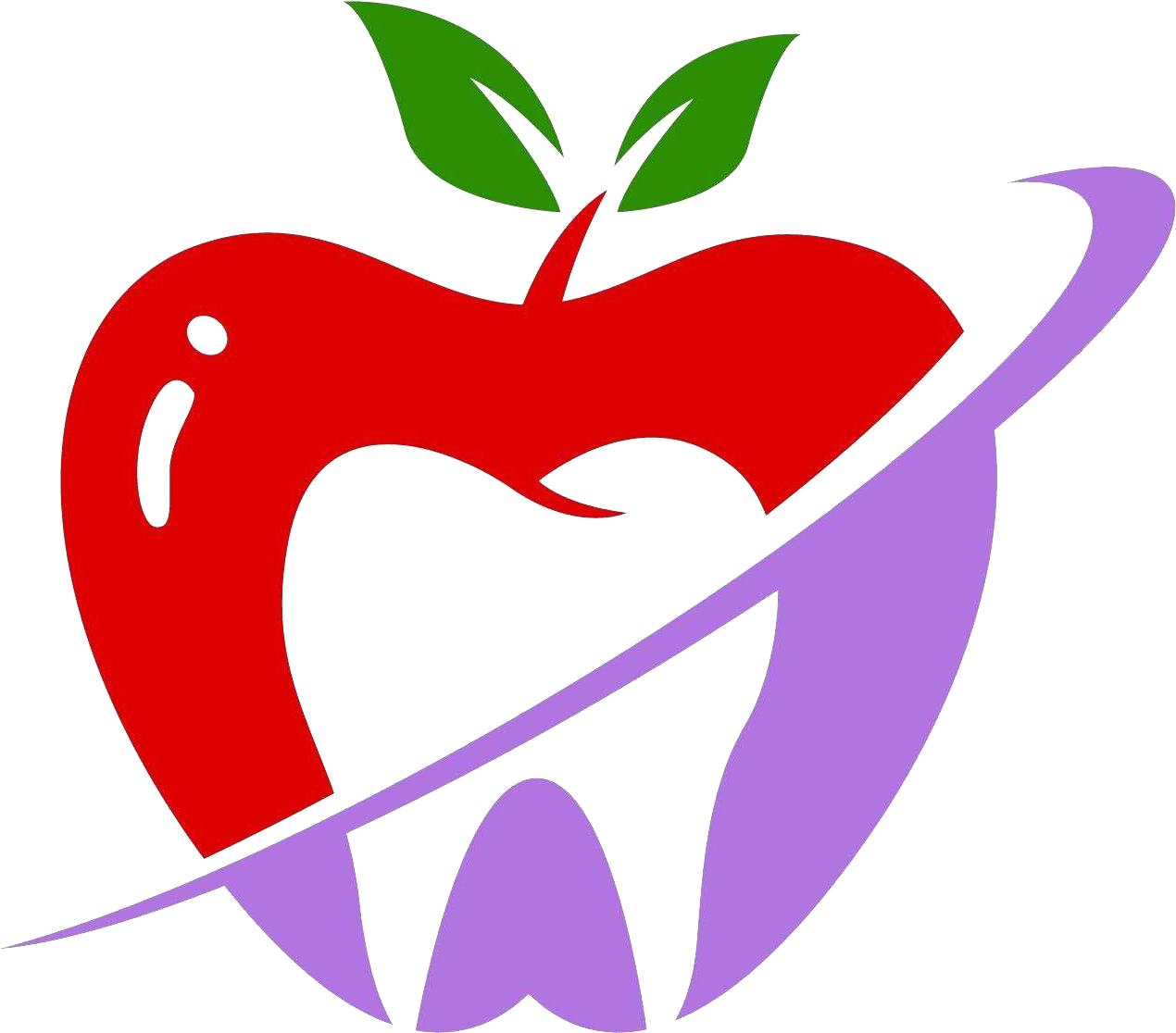 Red apple-shaped tooth logo with green leaves and purple tooth outline Red apple-shaped tooth logo with green leaves and purple tooth outline