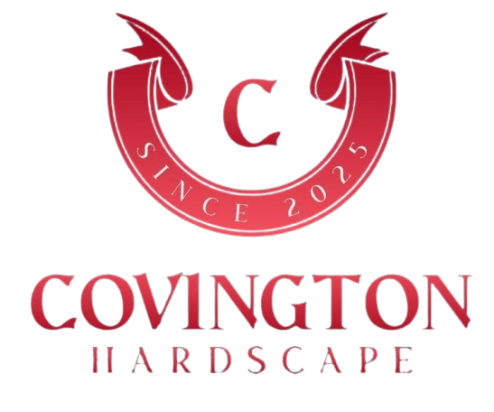Red logo for Covington Hardscape. A red "C" sits above the word "Covington" and the text "HARDSCAPE" in a serif font. The logo includes "SINCE 2025."