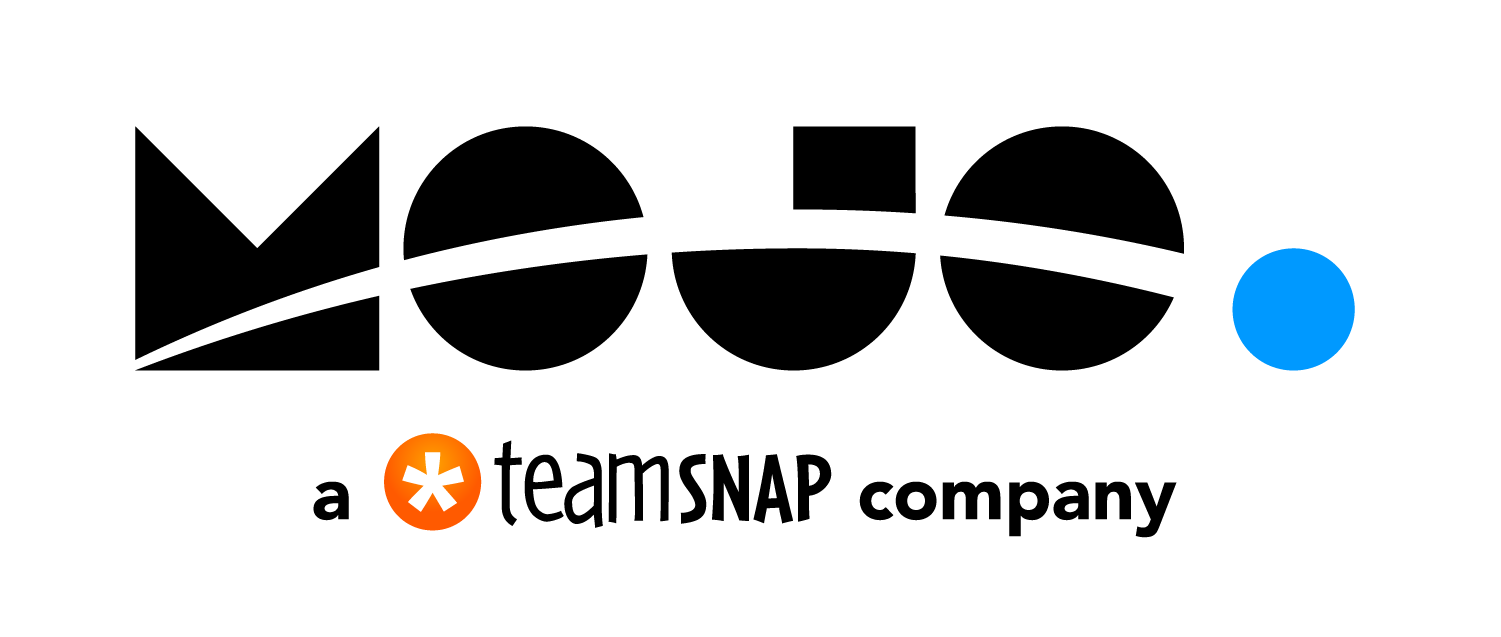 Mojo logo with black letters, curved white line, blue dot, and 