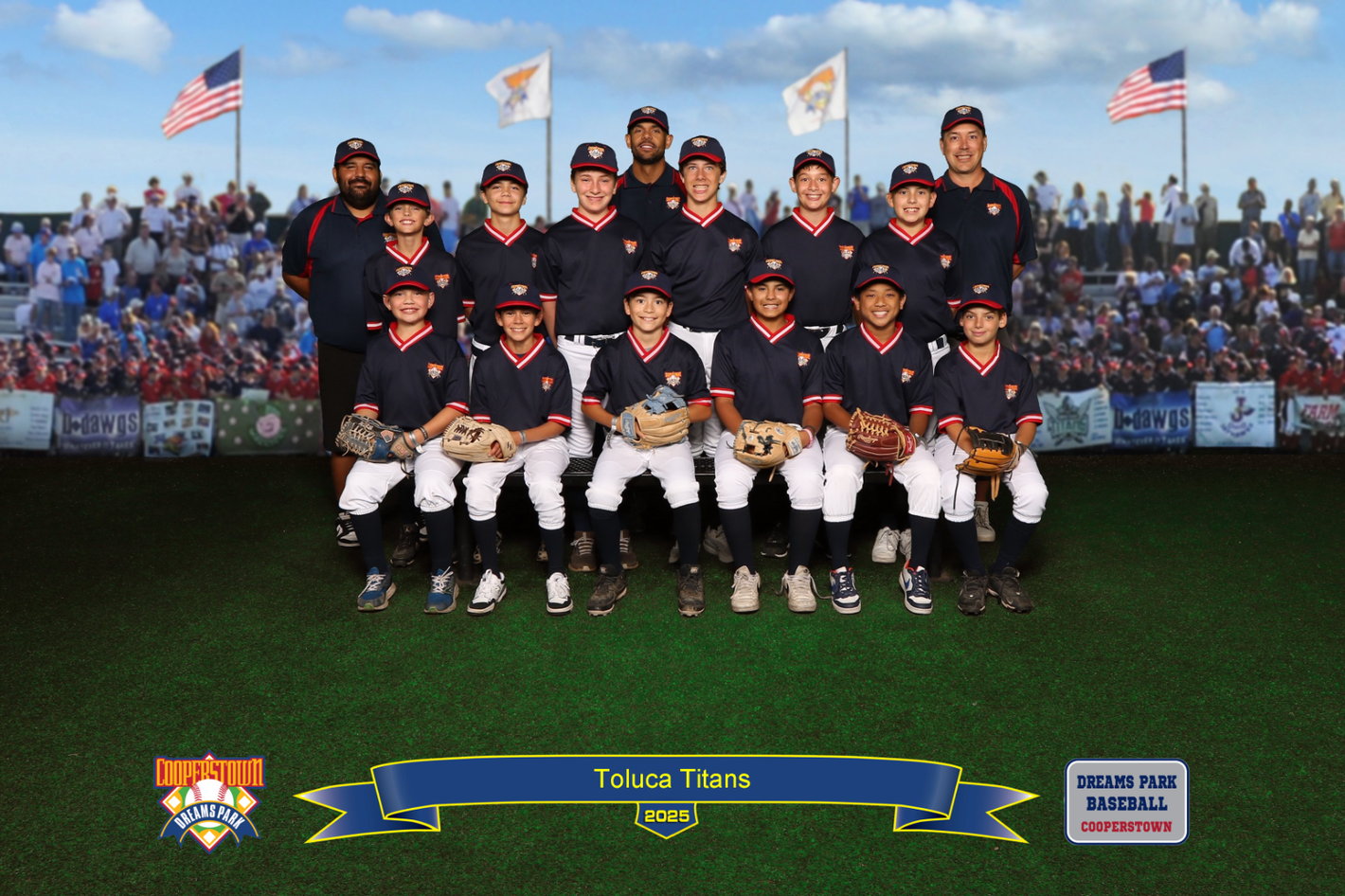 Baseball team photo, navy and white uniforms, field backdrop, American flags, team name "Tukuk Titans".