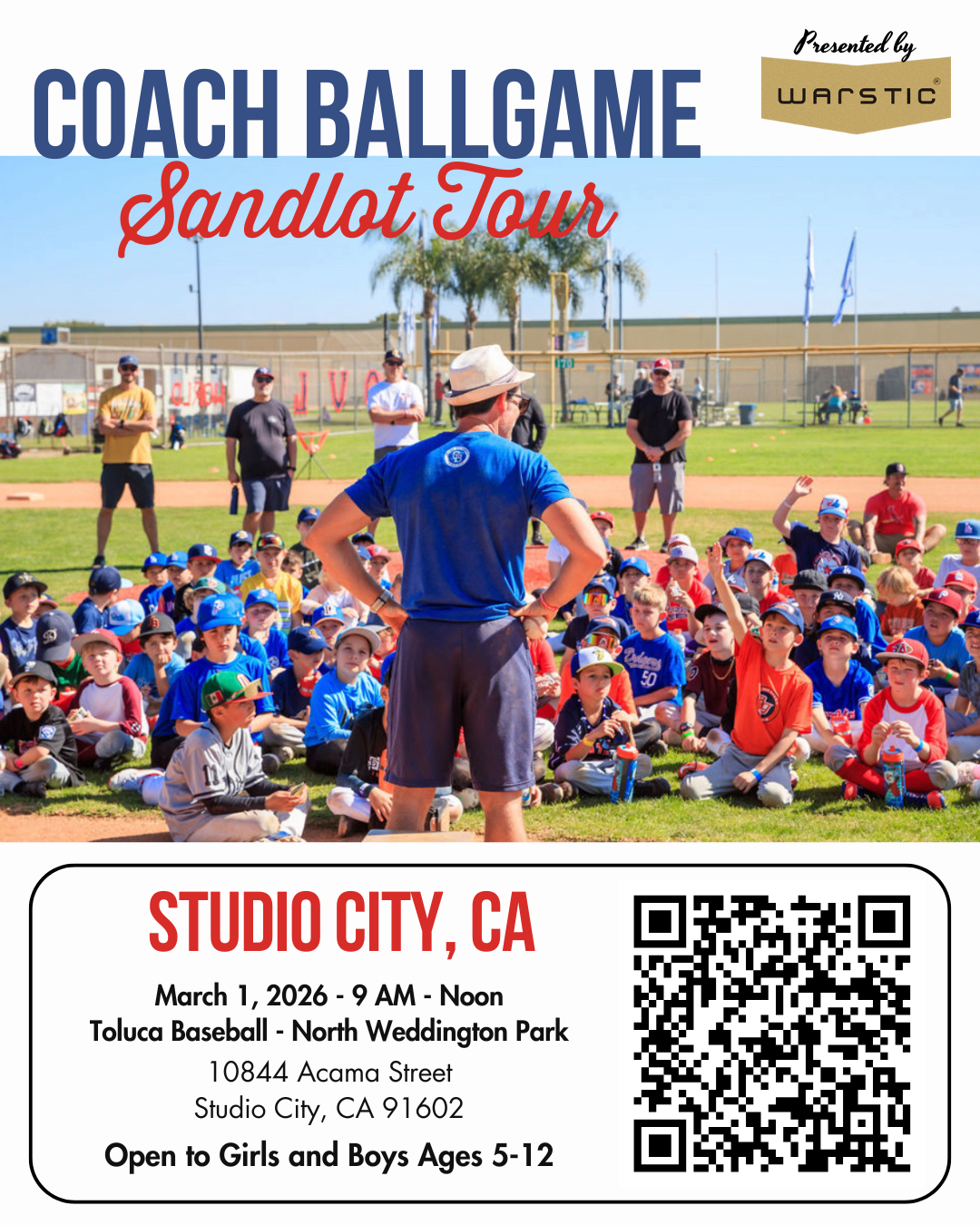 Flyer: Coach Ballgame Sandlot Tour in Studio City, CA, March 1, 2026, for ages 5-12. Group of kids on a baseball field.